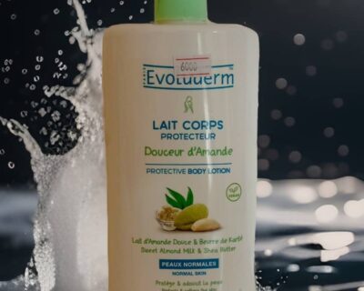 Lait corps protecteur Evoluderm, douceur d’amande, 1000 ml.